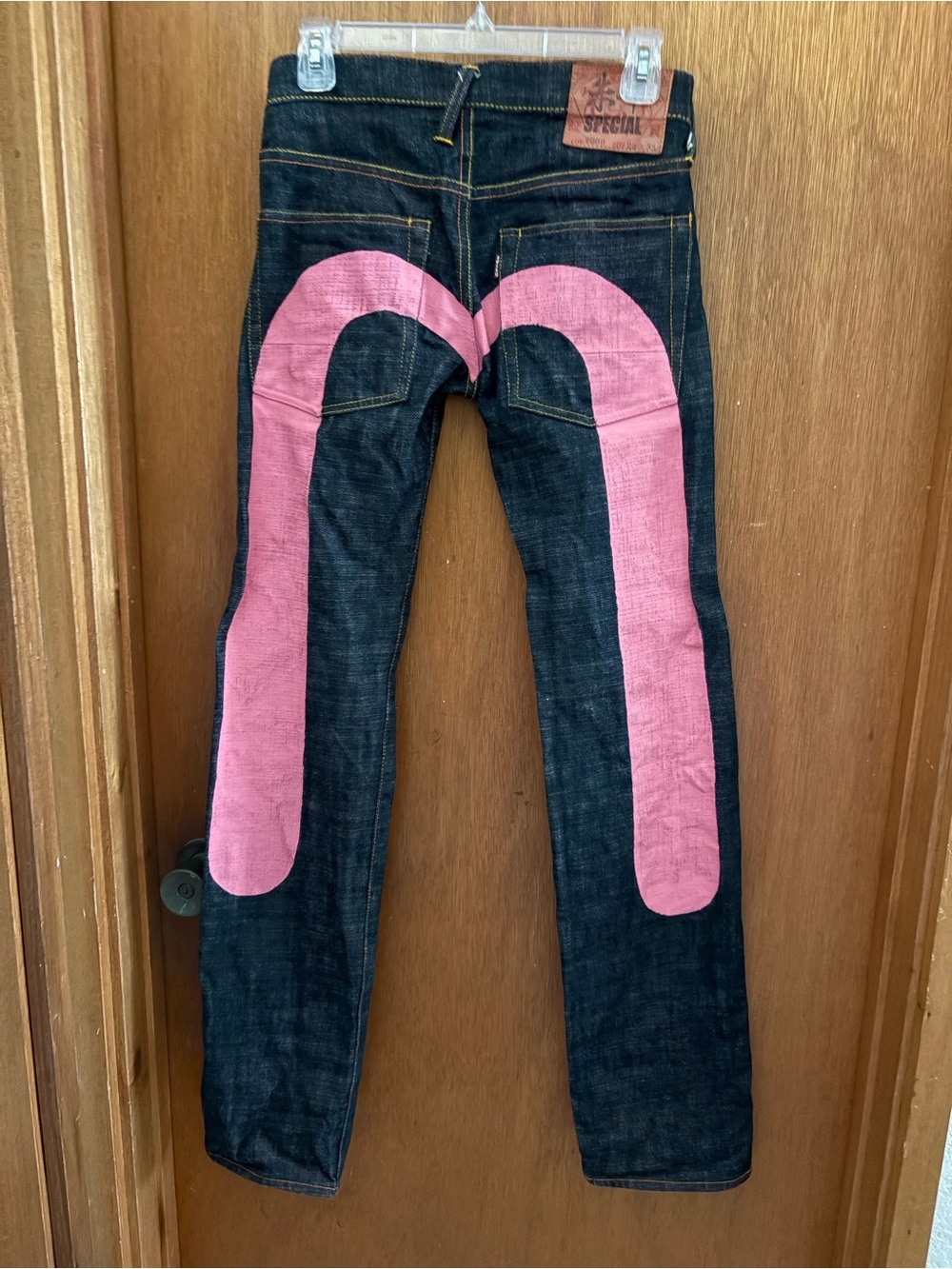 VTG EVISU sz 25 x 35 Selvedge Dark Wash Denim Jeans Special 7000 Pink Diacock